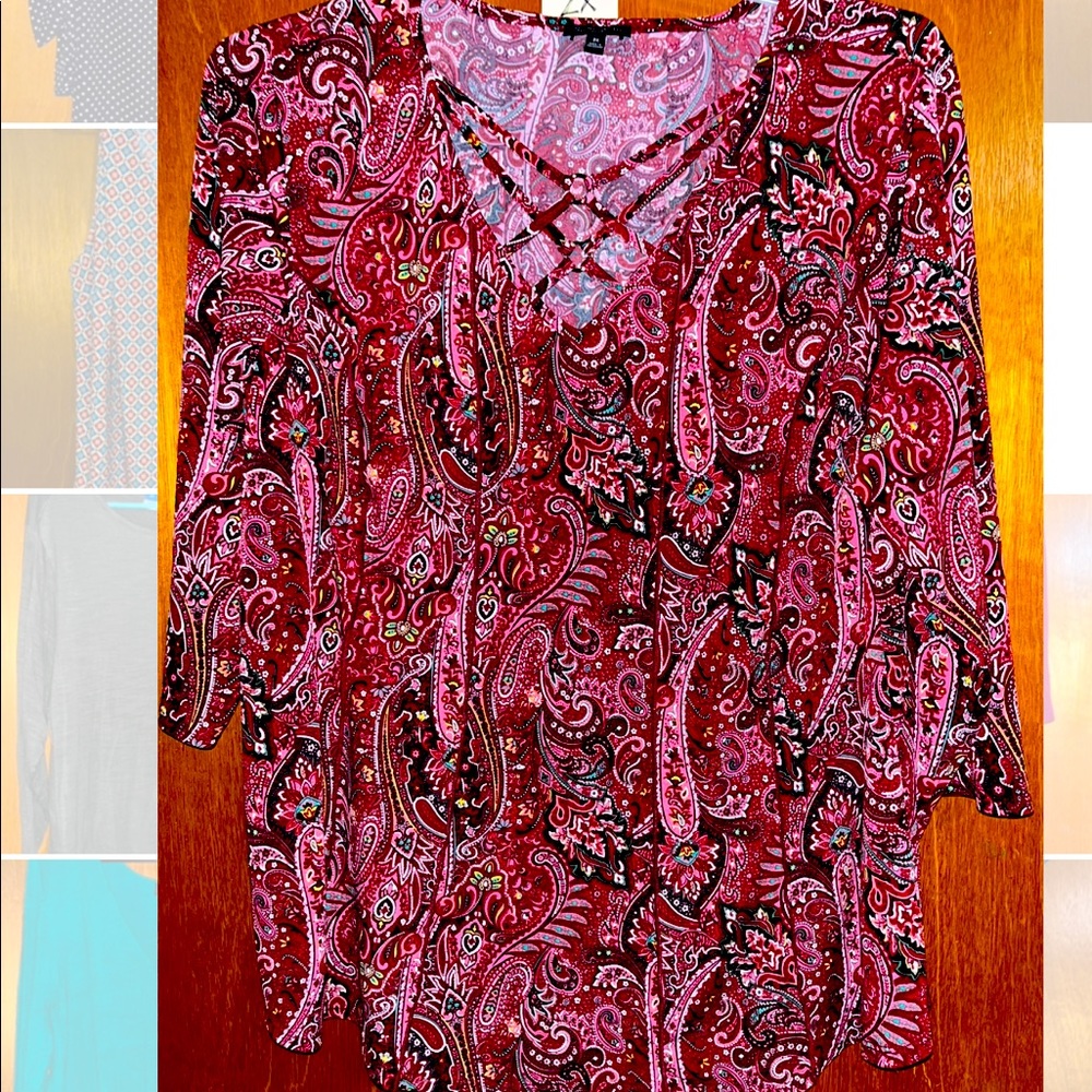 3/4 Sleeve, popover blouse, paisley, criss-cross neckline, size 2x